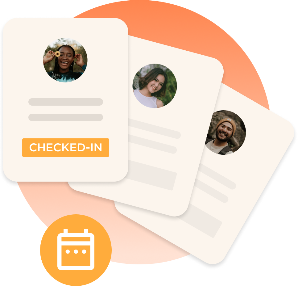 Golden platform displaying automated volunteer check-in, participant communication, and calendar scheduling features