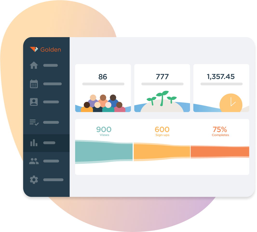 Golden reporting dashboard displaying comprehensive volunteer program KPIs including recruitment, engagement, and completion metrics