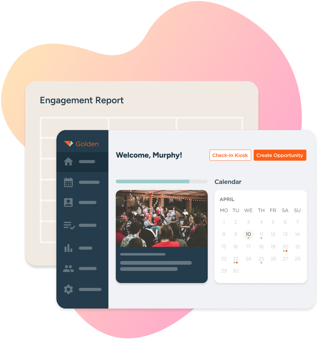 Golden engagement reporting dashboard displaying volunteer calendar, event details, and program scheduling interface