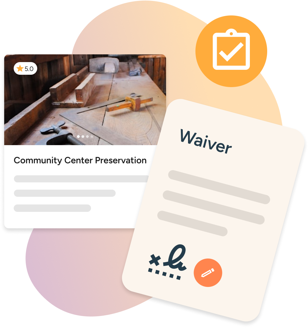 Golden volunteer management dashboard displaying a specific volunteer opportunity and the waiver they'll have to sign.