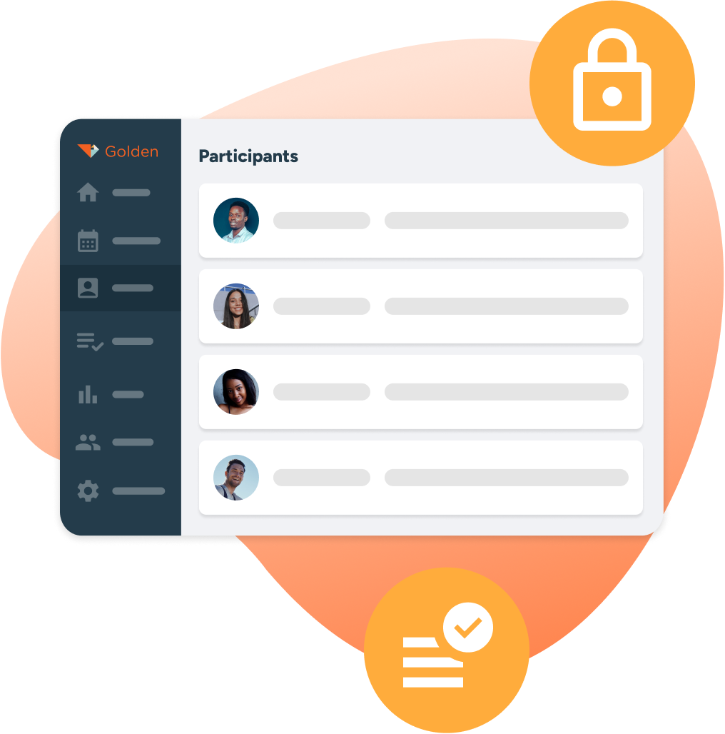 Golden participant list interface with security lock icon and compliance checklist icon representing data protection and volunteer screening features