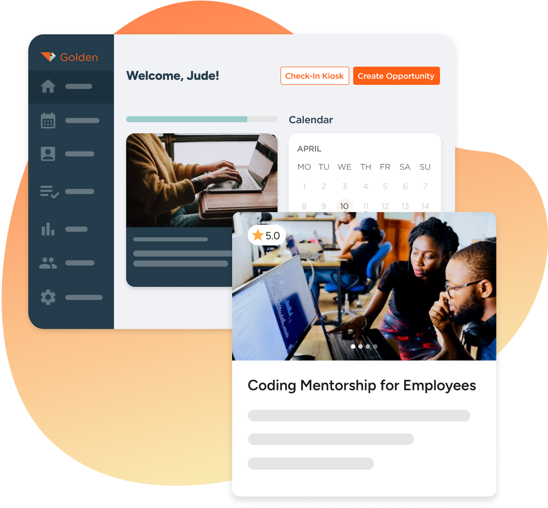 Golden platform dashboard for corporate volunteering showing volunteer welcome screen with calendar scheduling and Coding Mentorship for Employees opportunity details