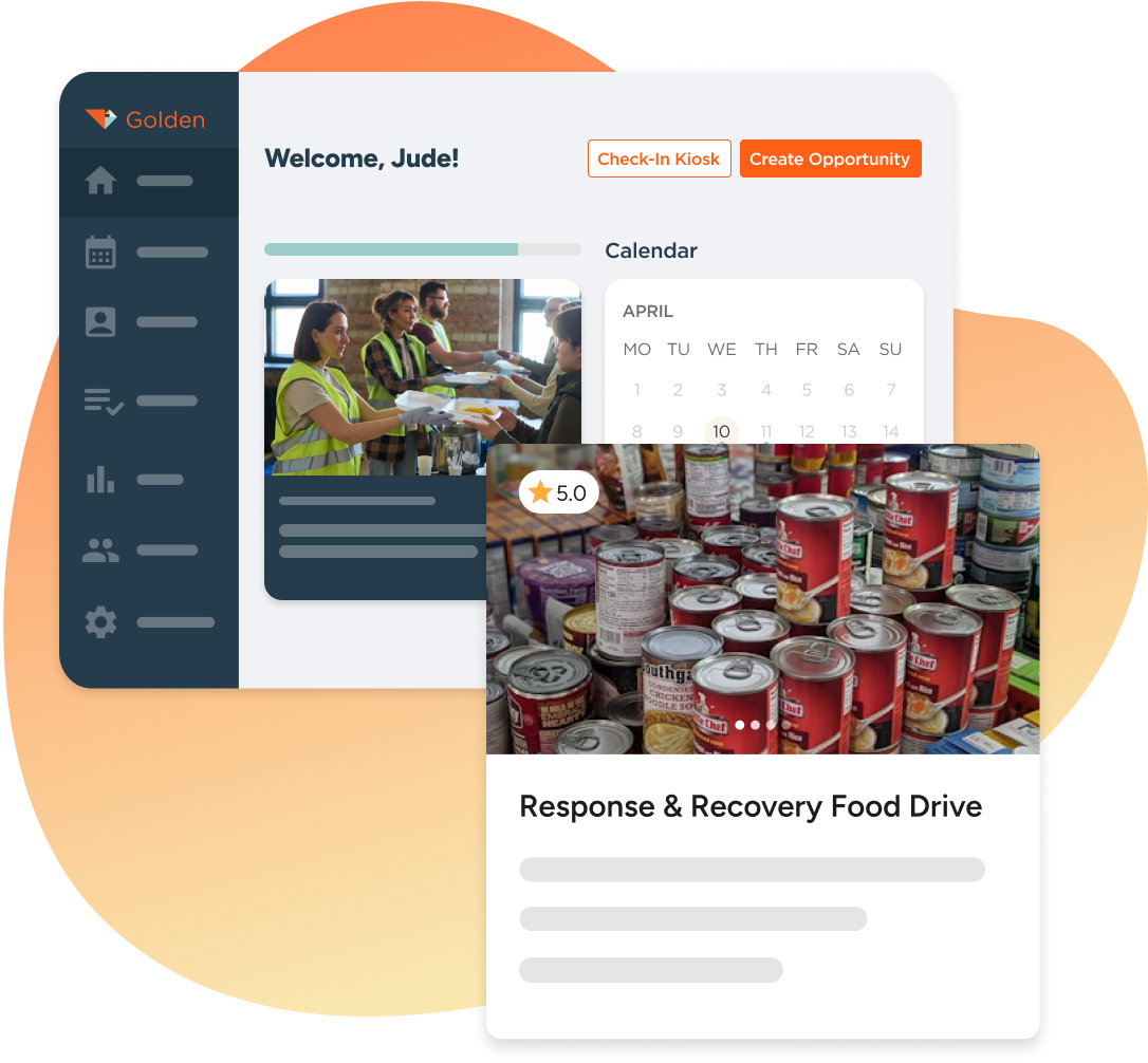 Golden platform dashboard for disaster relief showing volunteer welcome screen with calendar scheduling and Response & Recovery Food Drive opportunity details