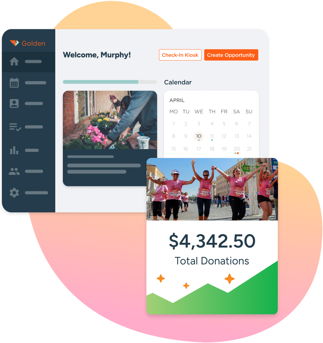 Golden volunteer management interface displaying event scheduling and fundraising impact metrics for program success