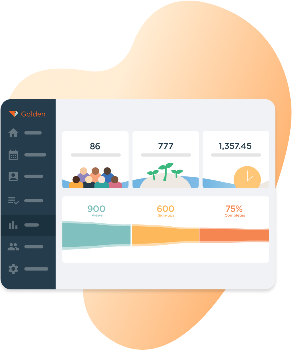 Golden reporting dashboard showing volunteer KPIs with participant count, hours contributed, fundraising impact, and engagement status visualization
