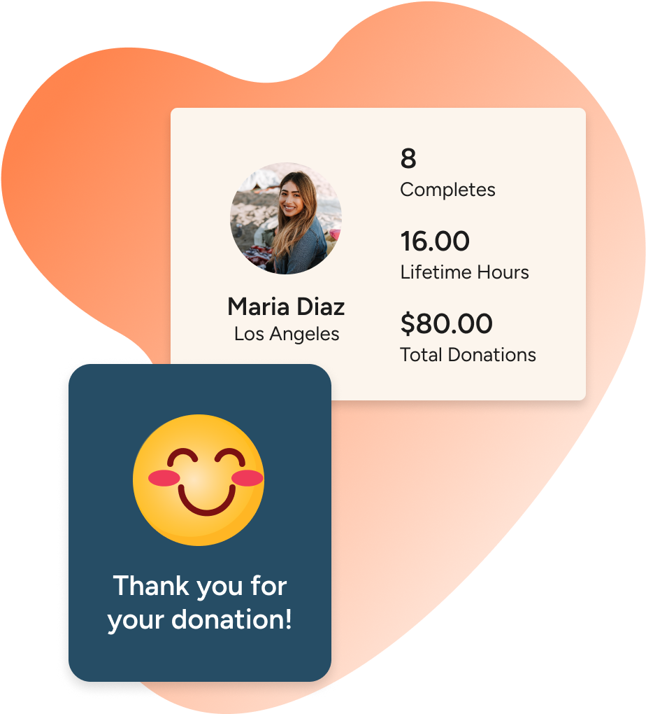 Golden volunteer management dashboard displaying a volunteer's engagement including their completed opportunities, lifetime hours, and total donations to the organization. 