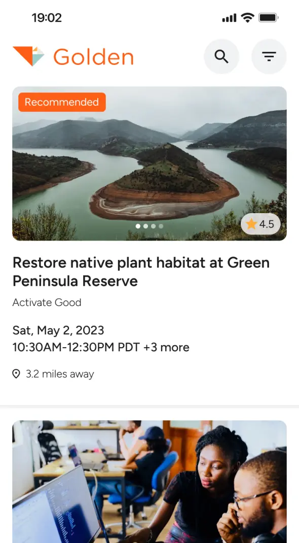 Golden mobile volunteer app showing recommended opportunity with event details and community environmental project image
