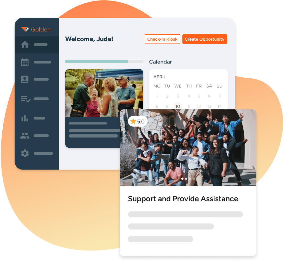 Golden volunteer management dashboard displaying volunteer opportunities for nonprofit organizations.