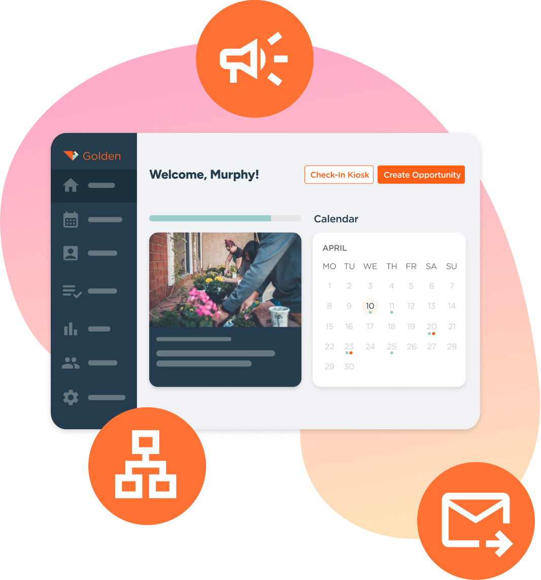 Golden volunteer management dashboard displaying various communication methods like SMS, email, and more.