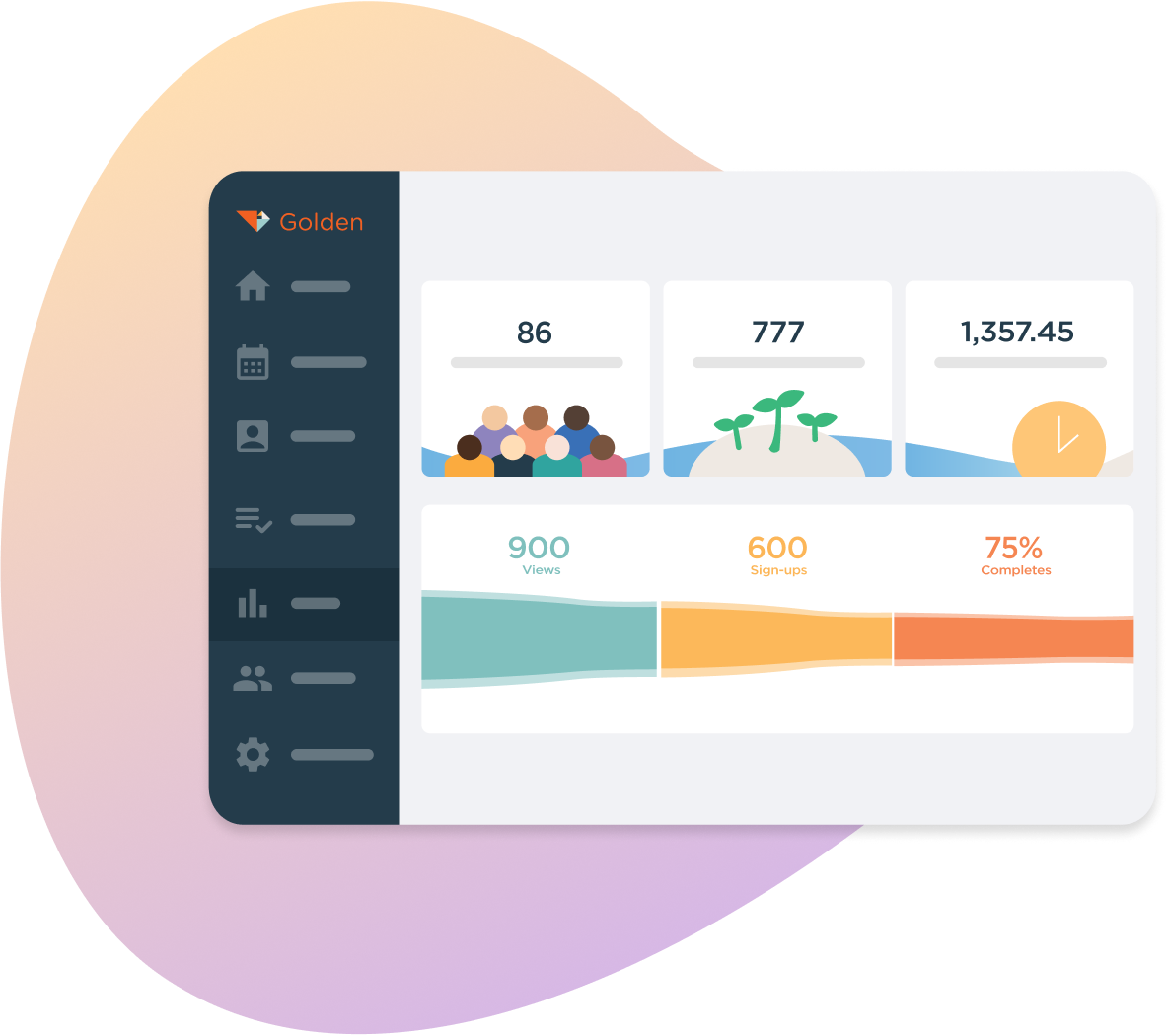 Golden reporting dashboard showing comprehensive volunteer program metrics and engagement analytics