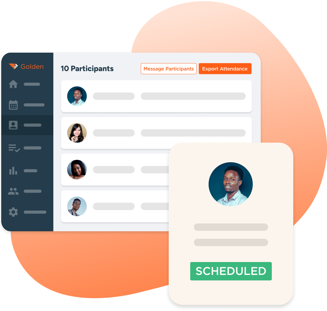 Golden volunteer management platform interface displaying participant list with volunteers and scheduling status indicator